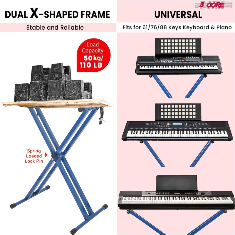 5 Core Piano Keyboard Stand Double X Heavy Duty 7 Adjustable Height Digital Electric Synthesizer Music Stands For 61 76 88 Keys w Secure Locking Strap - KS 2X BLU - Image 3